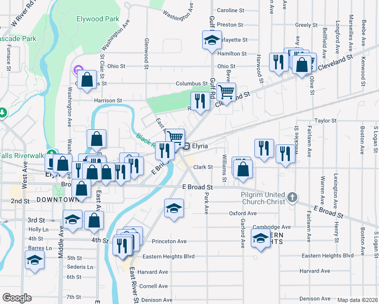 map of restaurants, bars, coffee shops, grocery stores, and more near 410 East River Street in Elyria