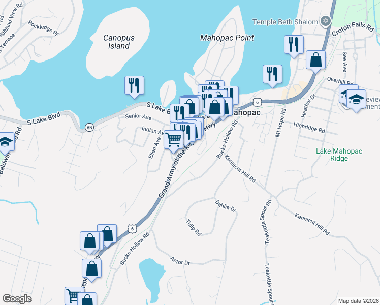 map of restaurants, bars, coffee shops, grocery stores, and more near 565 U.S. 6 in Mahopac