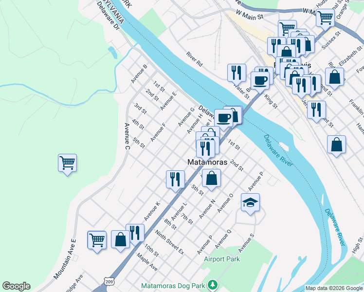 map of restaurants, bars, coffee shops, grocery stores, and more near 305 Avenue H in Matamoras