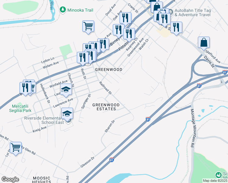 map of restaurants, bars, coffee shops, grocery stores, and more near 1 May Street in Moosic