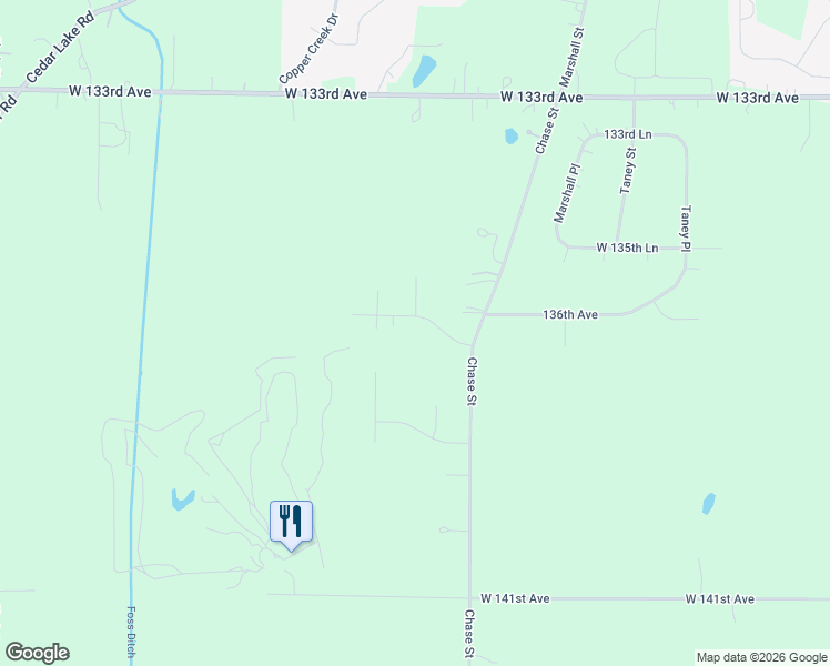 map of restaurants, bars, coffee shops, grocery stores, and more near 3385 W 136th Ln in Crown Point