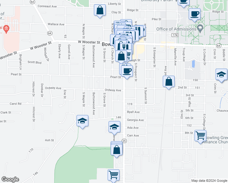 map of restaurants, bars, coffee shops, grocery stores, and more near 403 South Church Street in Bowling Green