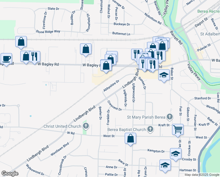 map of restaurants, bars, coffee shops, grocery stores, and more near 547 Abbyshire Drive in Berea