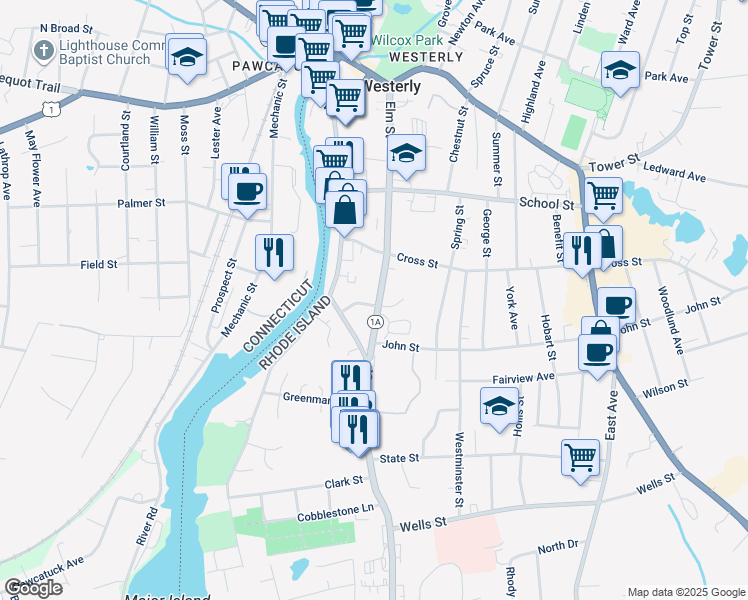 map of restaurants, bars, coffee shops, grocery stores, and more near 60 Elm Street in Westerly
