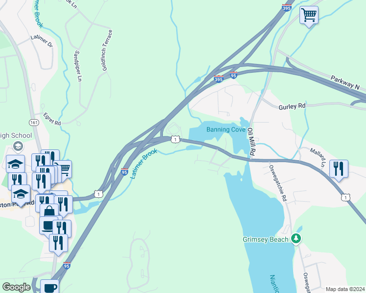 map of restaurants, bars, coffee shops, grocery stores, and more near 40 Boston Post Road in East Lyme