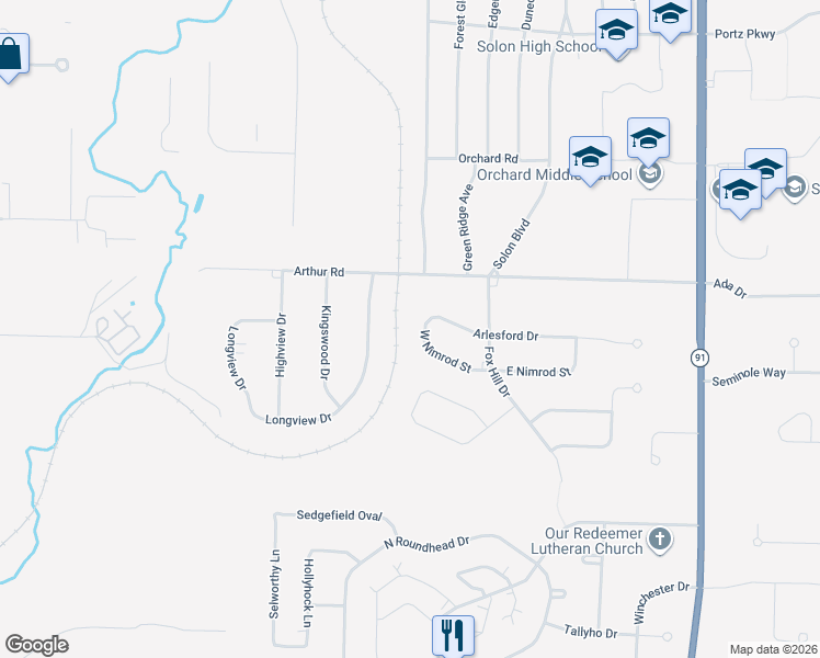 map of restaurants, bars, coffee shops, grocery stores, and more near 32461 Arlesford Drive in Solon