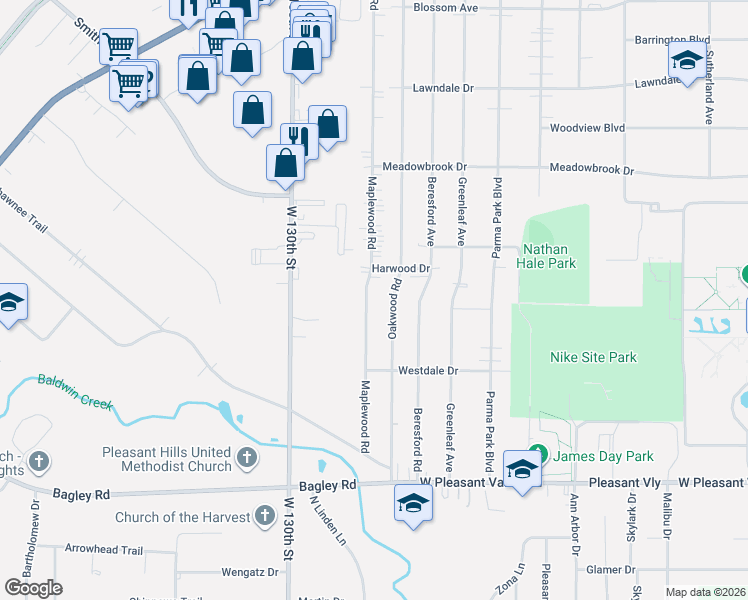 map of restaurants, bars, coffee shops, grocery stores, and more near 7183 Maplewood Road in Parma