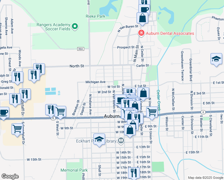 map of restaurants, bars, coffee shops, grocery stores, and more near 310 West 1st Street in Auburn
