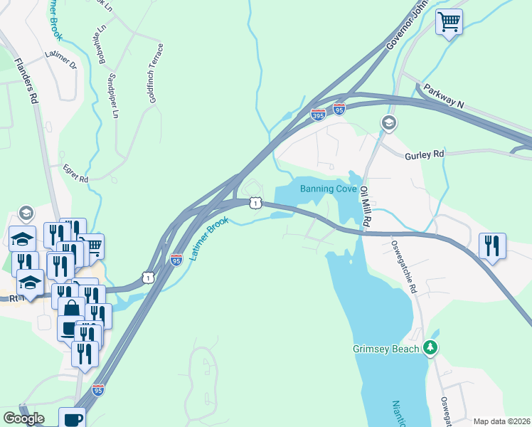 map of restaurants, bars, coffee shops, grocery stores, and more near 40 Boston Post Road in East Lyme