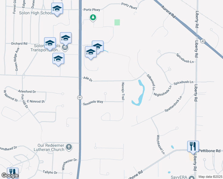 map of restaurants, bars, coffee shops, grocery stores, and more near 6947 Arapaho Court in Solon