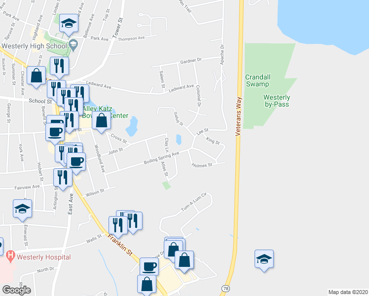 map of restaurants, bars, coffee shops, grocery stores, and more near 42 Boiling Spring Ave in Westerly
