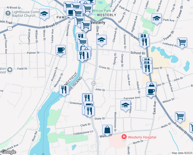 map of restaurants, bars, coffee shops, grocery stores, and more near 60 Elm Street in Westerly
