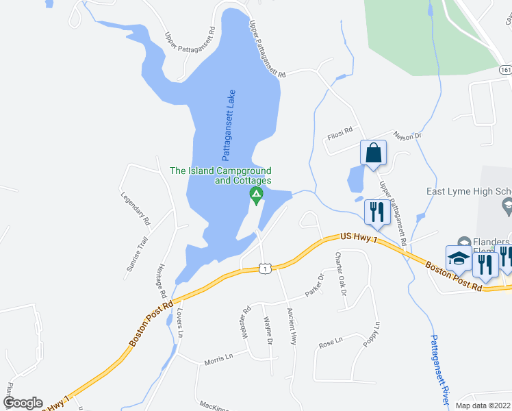 map of restaurants, bars, coffee shops, grocery stores, and more near 22 Islanda Court in East Lyme