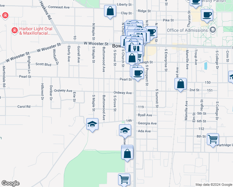 map of restaurants, bars, coffee shops, grocery stores, and more near 225 Ordway Avenue in Bowling Green