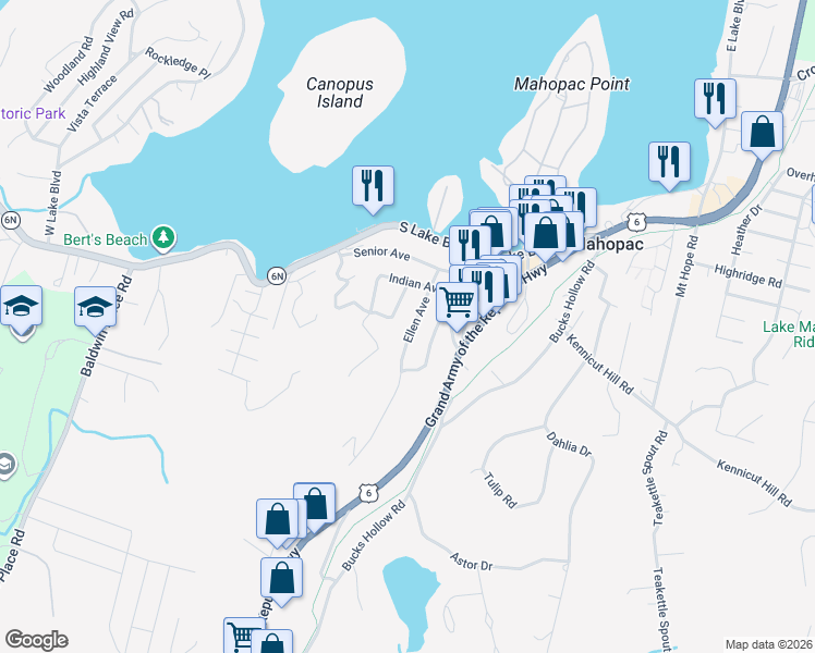 map of restaurants, bars, coffee shops, grocery stores, and more near 29 Ellen Avenue in Mahopac