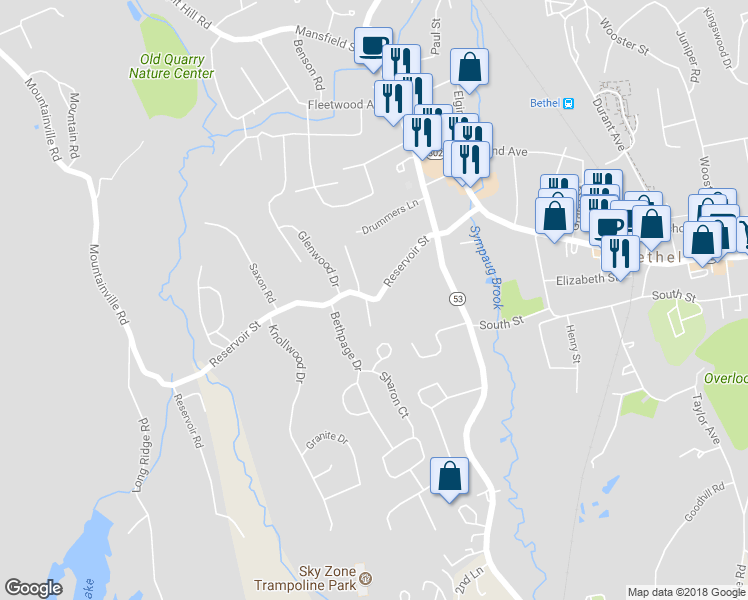 map of restaurants, bars, coffee shops, grocery stores, and more near 26 Reservoir Street in Bethel