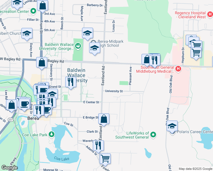 map of restaurants, bars, coffee shops, grocery stores, and more near 328 Eastland Road in Berea