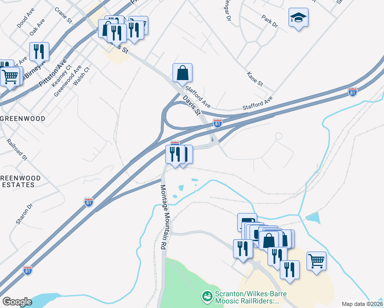 map of restaurants, bars, coffee shops, grocery stores, and more near 1-89 Montage Mountain Road in Moosic