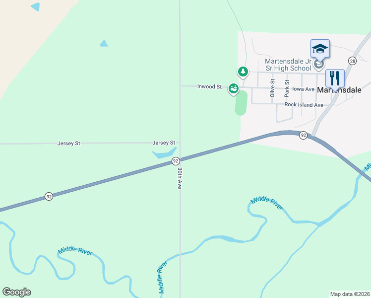 map of restaurants, bars, coffee shops, grocery stores, and more near in Martensdale