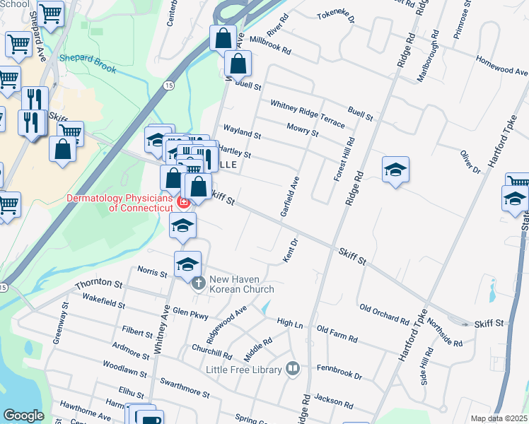 map of restaurants, bars, coffee shops, grocery stores, and more near 402 Skiff Street in North Haven