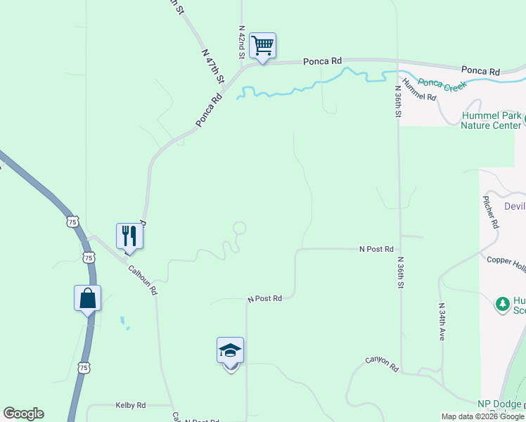 map of restaurants, bars, coffee shops, grocery stores, and more near 4014 North Post Road in Omaha