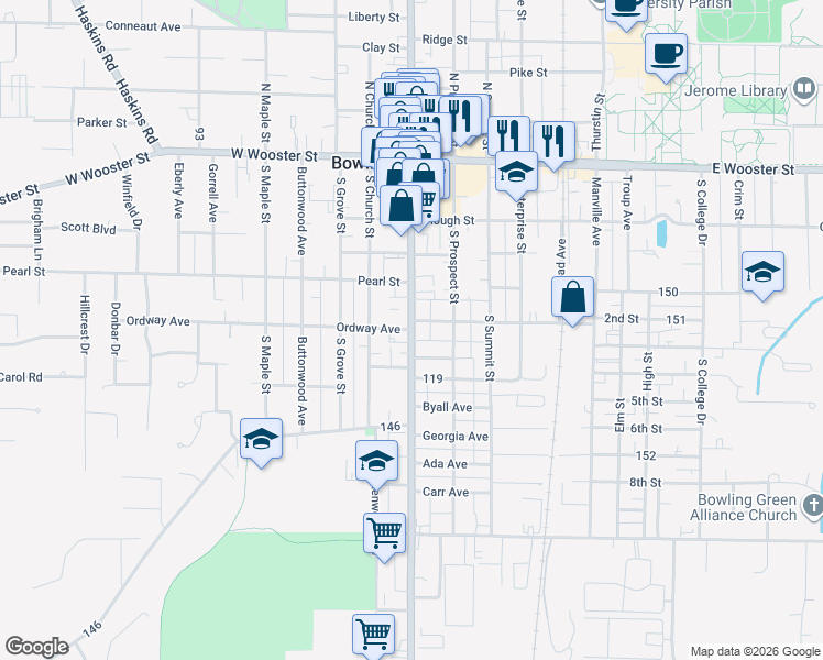 map of restaurants, bars, coffee shops, grocery stores, and more near 340-398 S Main St in Bowling Green