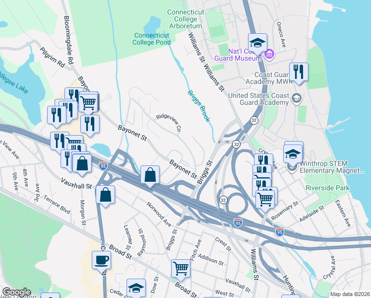 map of restaurants, bars, coffee shops, grocery stores, and more near 68 Hawthorne Drive in New London