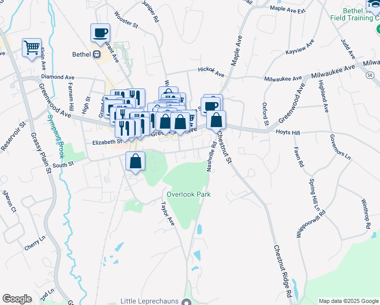 map of restaurants, bars, coffee shops, grocery stores, and more near 20 South Street in Bethel