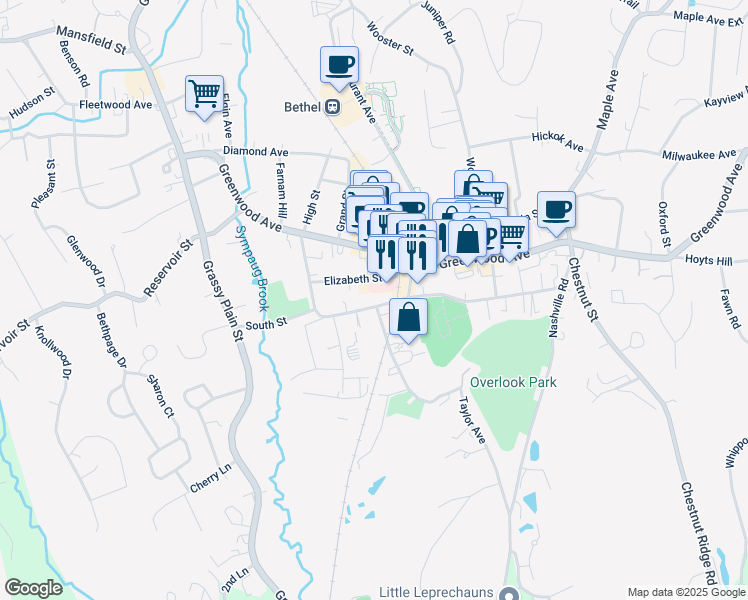 map of restaurants, bars, coffee shops, grocery stores, and more near 87 South Street in Bethel