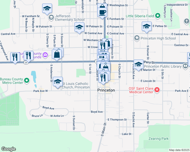 map of restaurants, bars, coffee shops, grocery stores, and more near 509 South Pleasant Street in Princeton