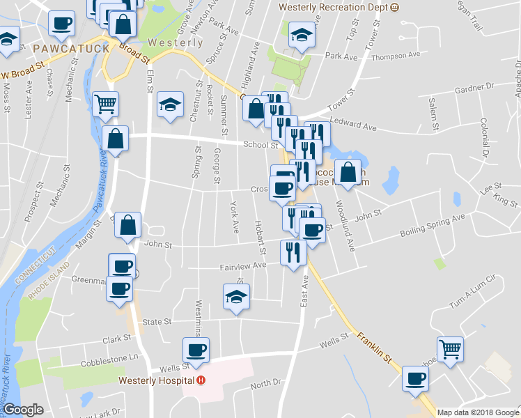 map of restaurants, bars, coffee shops, grocery stores, and more near 12 Hobart Street in Westerly