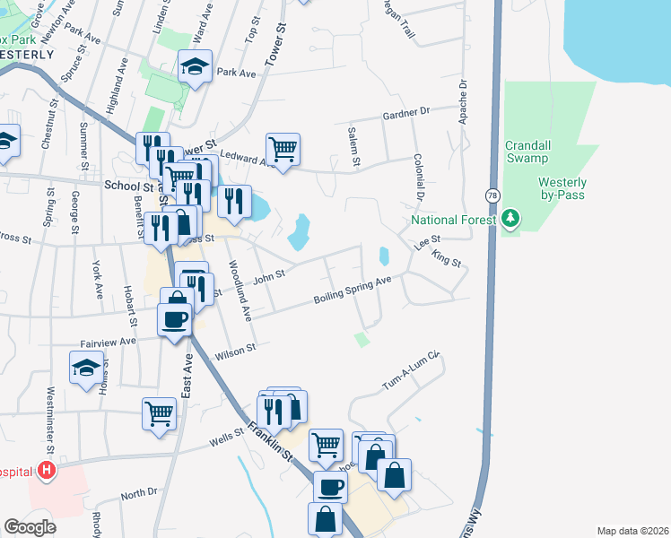 map of restaurants, bars, coffee shops, grocery stores, and more near 9 Midland Road in Westerly