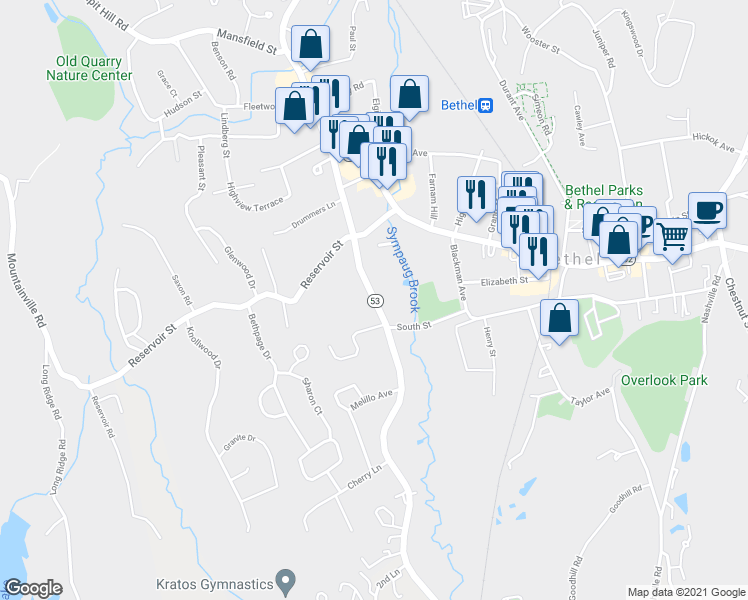 map of restaurants, bars, coffee shops, grocery stores, and more near 100 Grassy Plain Street in Bethel