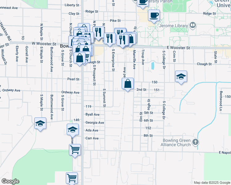 map of restaurants, bars, coffee shops, grocery stores, and more near 401 South Enterprise Street in Bowling Green