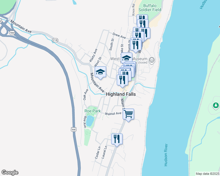 map of restaurants, bars, coffee shops, grocery stores, and more near 17 Center Street in Highland Falls
