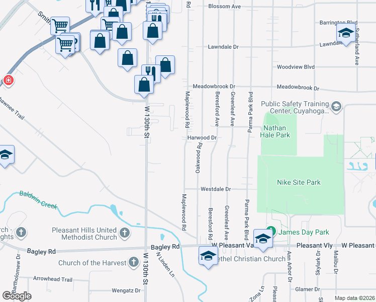 map of restaurants, bars, coffee shops, grocery stores, and more near 7183 Maplewood Road in Parma