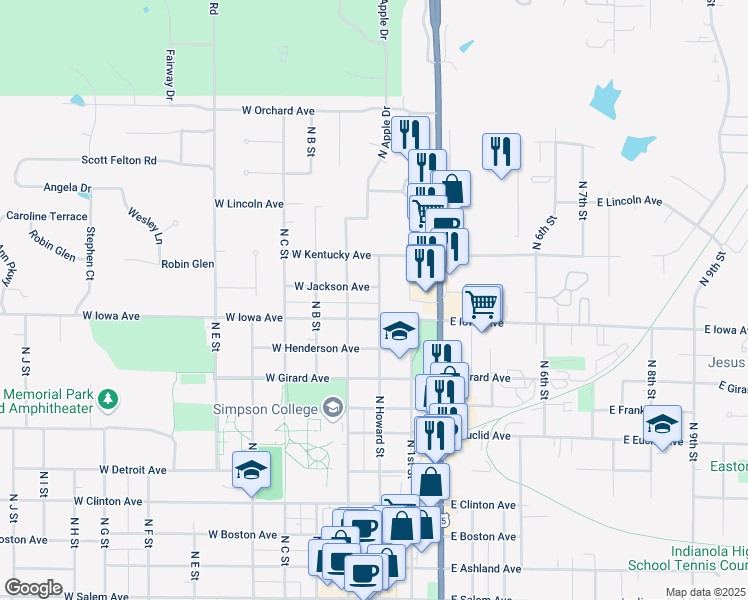 map of restaurants, bars, coffee shops, grocery stores, and more near 1007 North Howard Street in Indianola