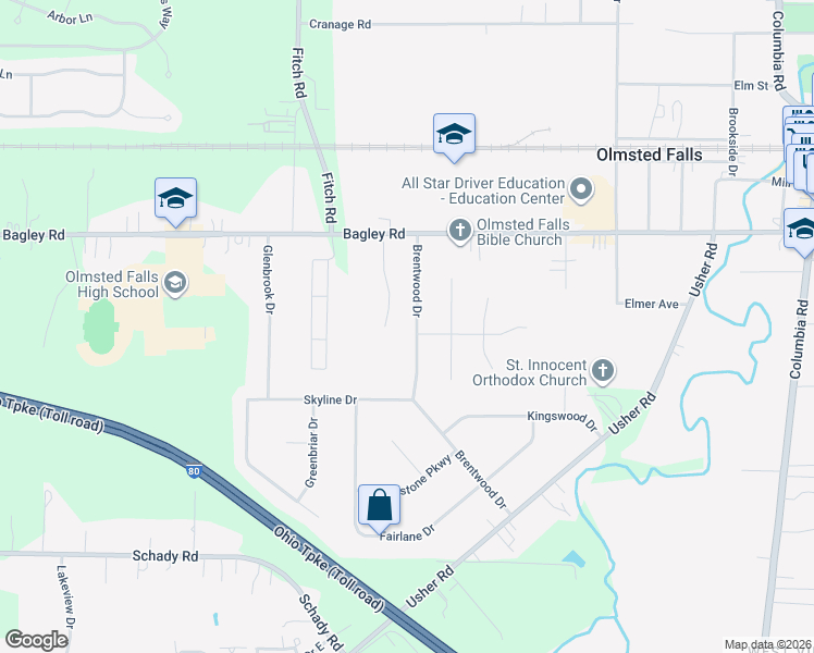map of restaurants, bars, coffee shops, grocery stores, and more near 8408 Brentwood Drive in Olmsted Falls