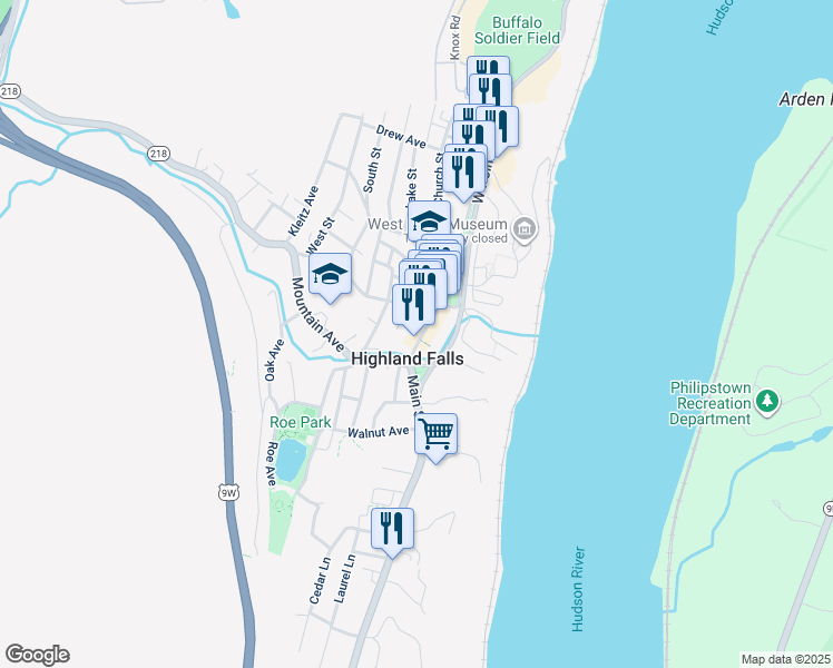 map of restaurants, bars, coffee shops, grocery stores, and more near in Highland Falls