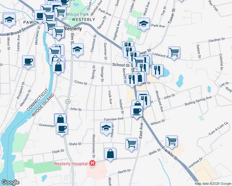 map of restaurants, bars, coffee shops, grocery stores, and more near 9 1/2 Hobart St in Westerly