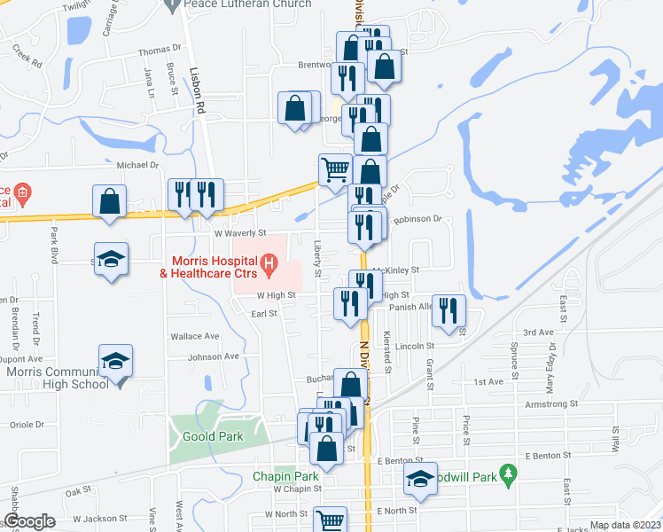 map of restaurants, bars, coffee shops, grocery stores, and more near 1331 Liberty Street in Morris