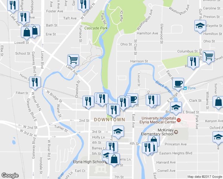 map of restaurants, bars, coffee shops, grocery stores, and more near 234 Washington Avenue in Elyria