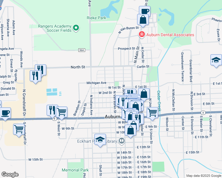 map of restaurants, bars, coffee shops, grocery stores, and more near 310 West 1st Street in Auburn