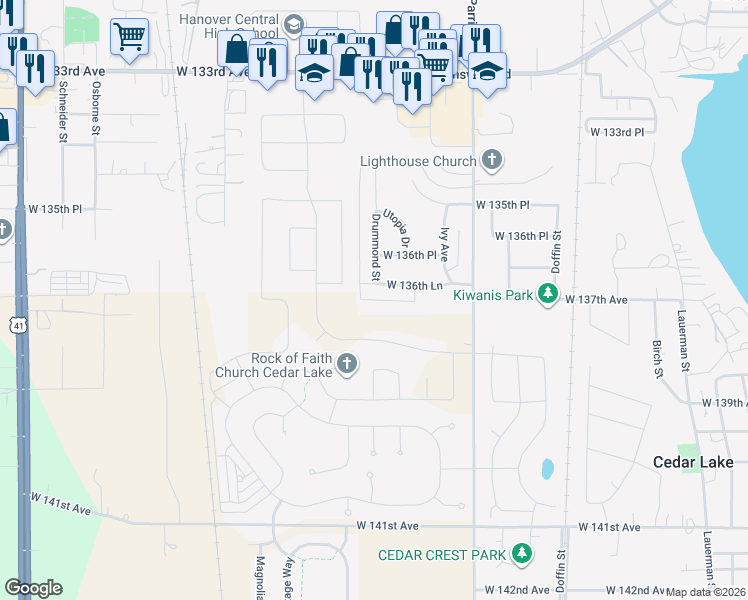 map of restaurants, bars, coffee shops, grocery stores, and more near 9901 West 136th Lane in Cedar Lake
