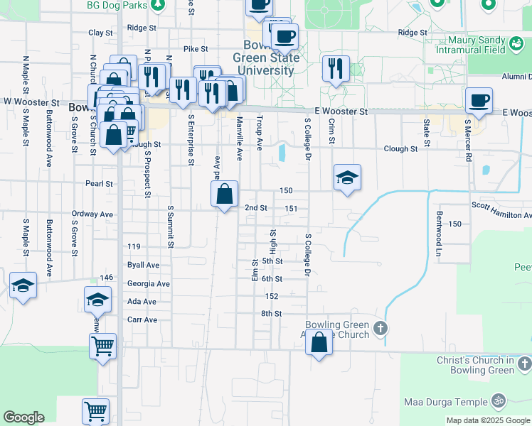 map of restaurants, bars, coffee shops, grocery stores, and more near 720 2nd Street in Bowling Green