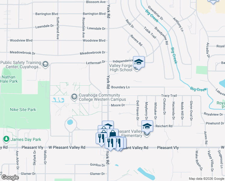 map of restaurants, bars, coffee shops, grocery stores, and more near 7181 York Road in Parma