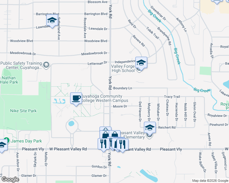 map of restaurants, bars, coffee shops, grocery stores, and more near 7181 York Rd in Parma