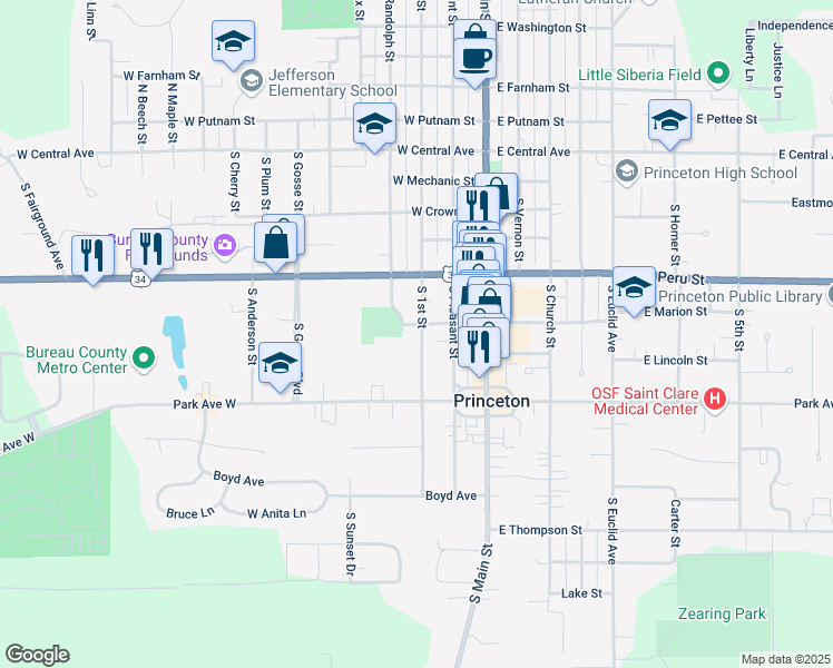 map of restaurants, bars, coffee shops, grocery stores, and more near 510 South 1st Street in Princeton