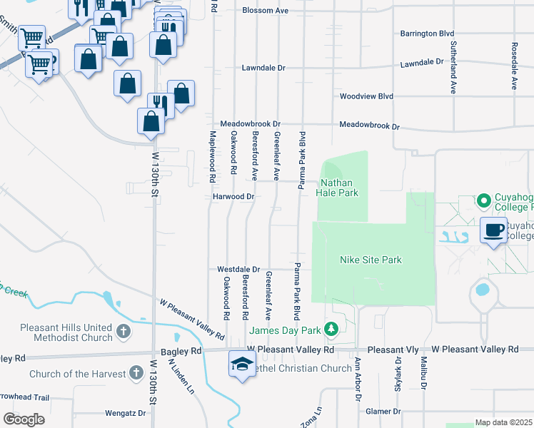 map of restaurants, bars, coffee shops, grocery stores, and more near 7192 Greenleaf Avenue in Parma