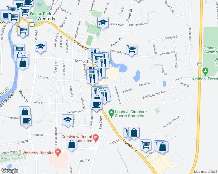 map of restaurants, bars, coffee shops, grocery stores, and more near 8 Longvue Avenue in Westerly